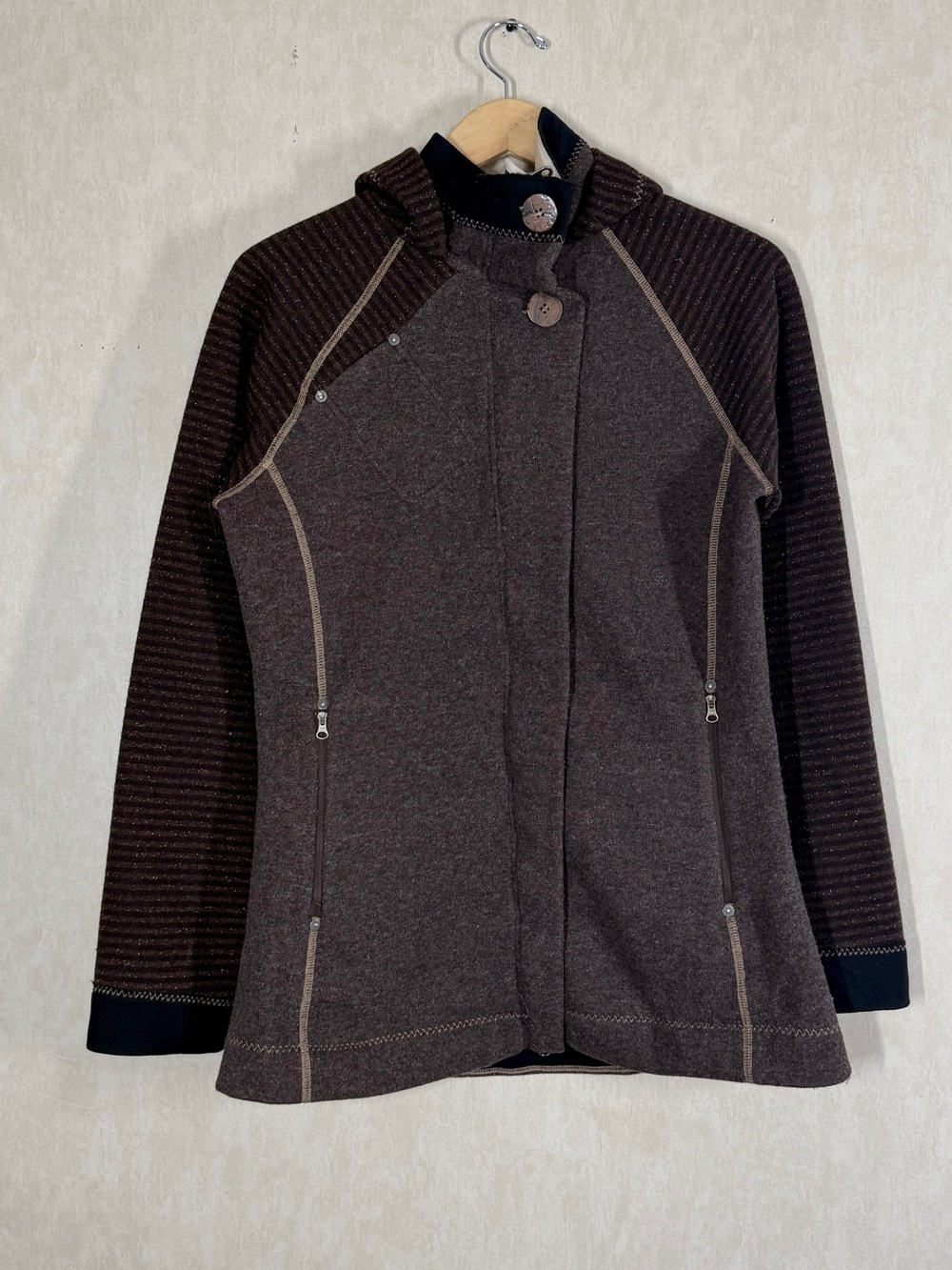 Prana Women’s Bijou Jacket Fleece Lined Wool Blend Hooded Full Zip in Brown L